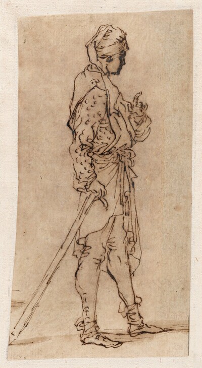 A Standing Man Leaning on a Stick