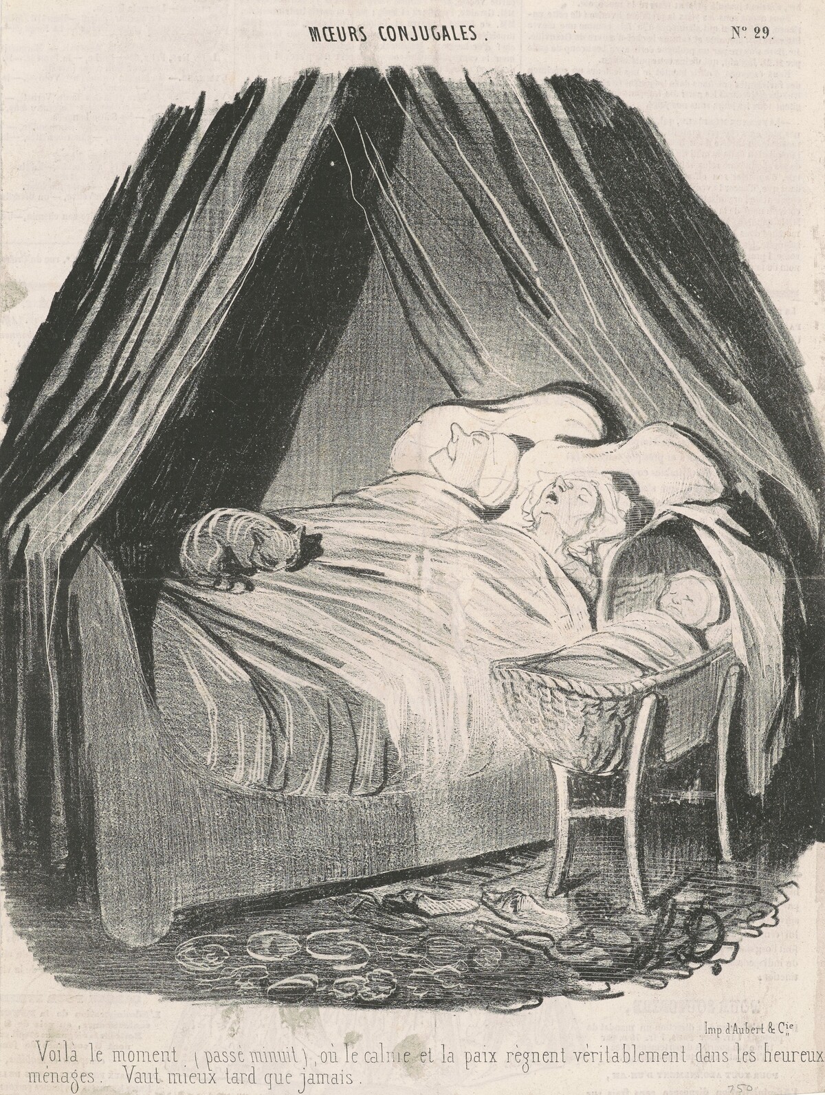 Voilà le moment (passé minuit) o∙ le calme et la paix règnent véritablement dans les heureux ménages. Vaut mieux tard que jamais. by Honoré Daumier