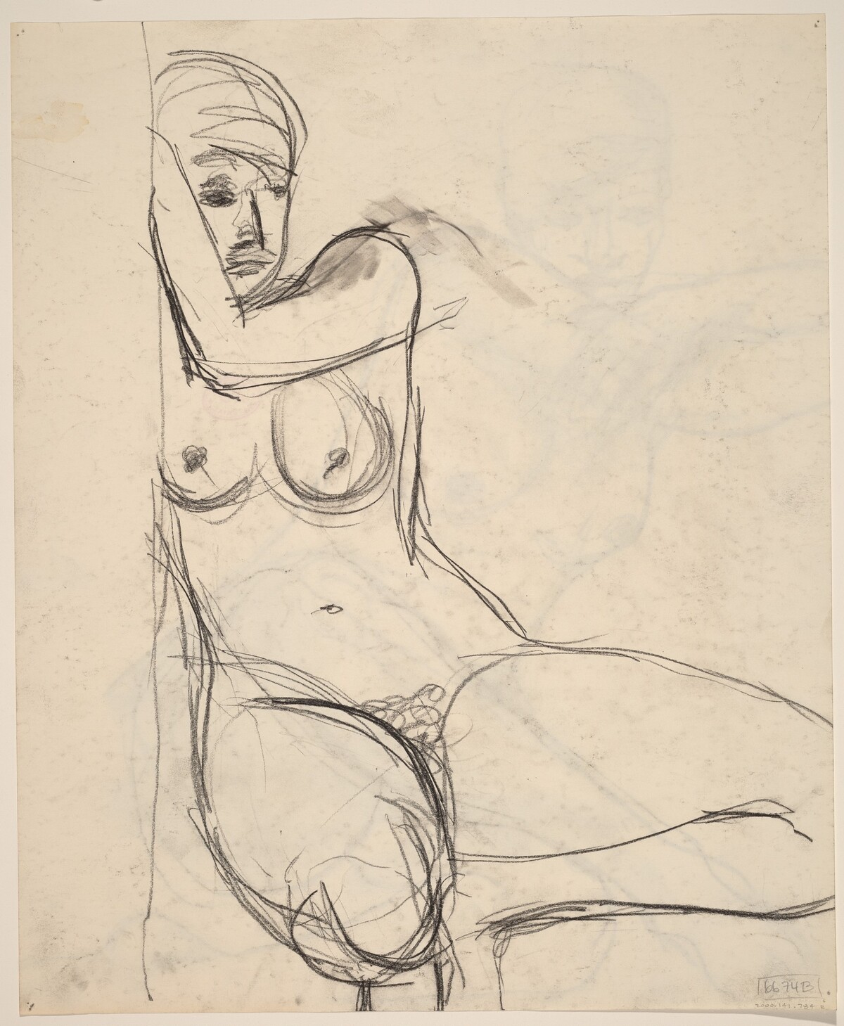 Untitled [female nude squatting beside a wall] [verso] by Richard Diebenkorn