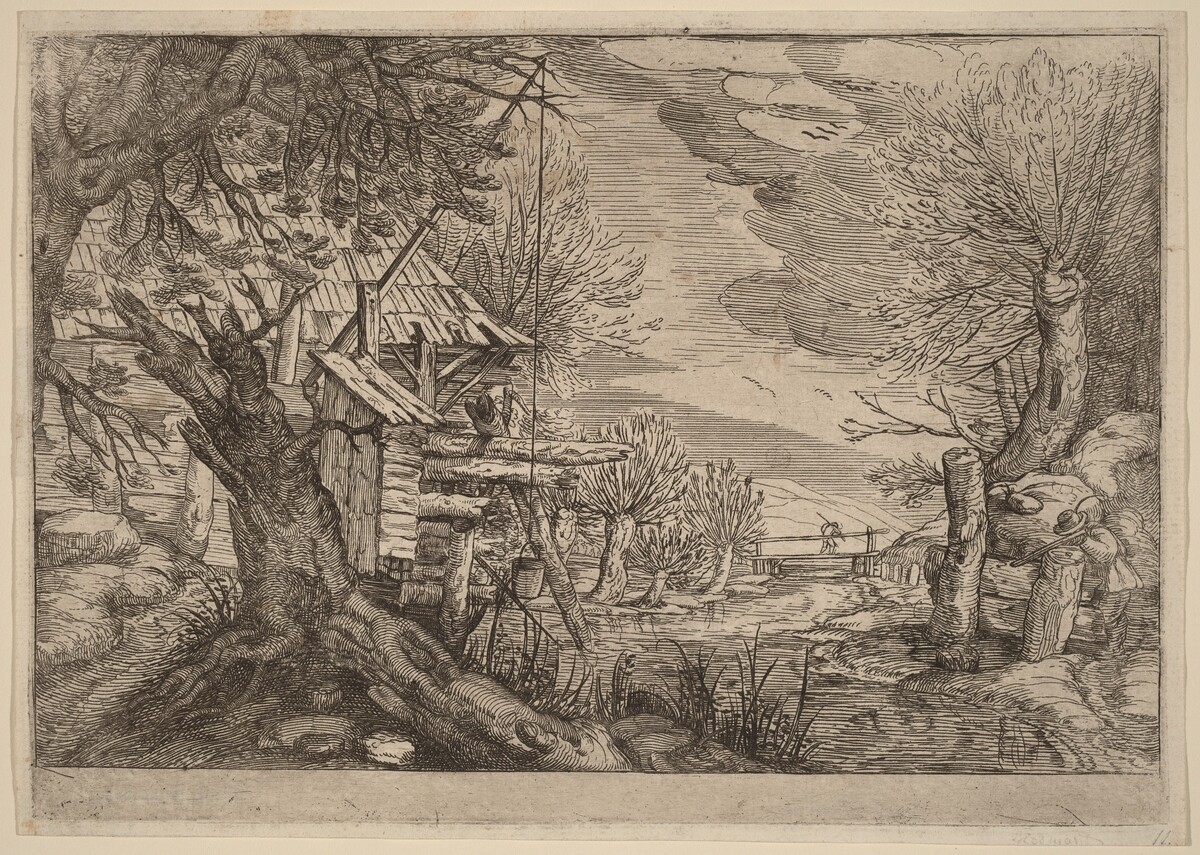 Landscape with Log House near a River by Dutch 17th Century, formerly Jacques de Gheyn II