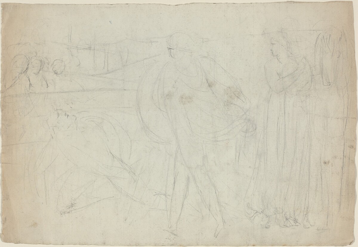 Sketch of a Swordsman Standing Over His Defeated Opponent [recto] by William Blake