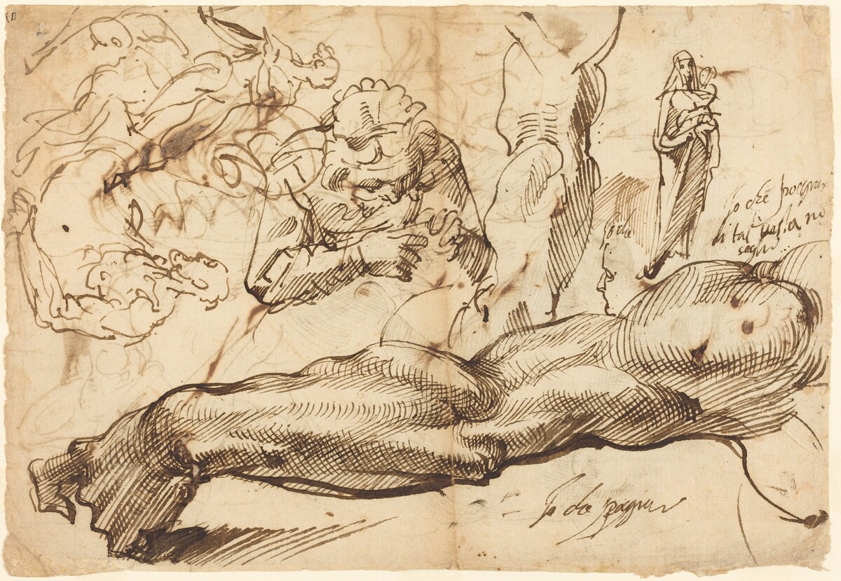 Studies of a Left Arm, a Young Woman, a Madonna and Child, a Face in Profile, and Nude Figures by Bartolomeo Passarotti