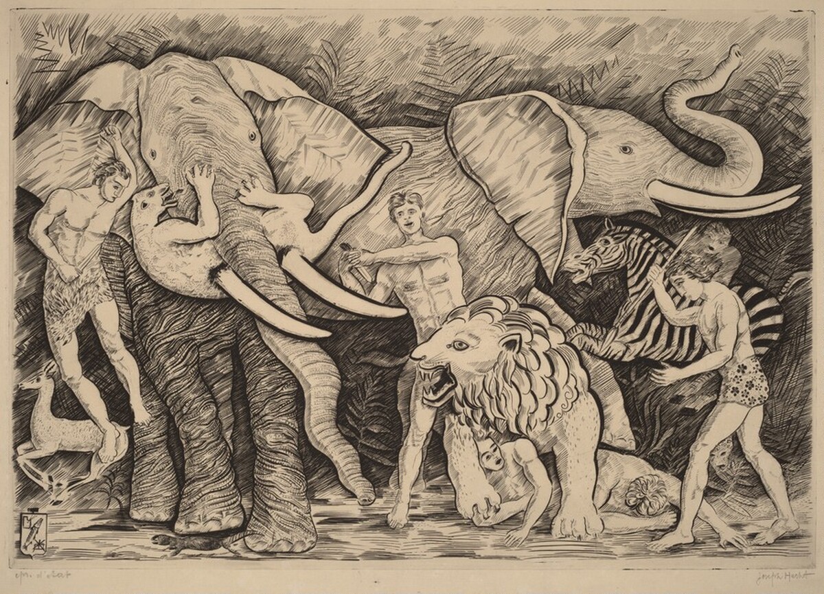 Hunting with Elephants / Great Hunt (Chasse avec elephantes / Grande chasse) by Joseph Hecht