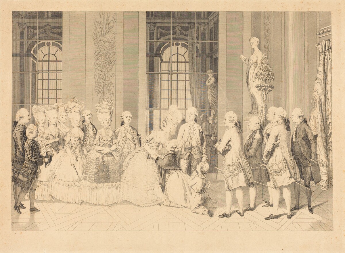 La Reine annonçant à Mme Bellegarde, des Juges, et la liberté de son mari en mai 1777 by Antoine-Jean Duclos after vicomte Charles Henri Desfosses