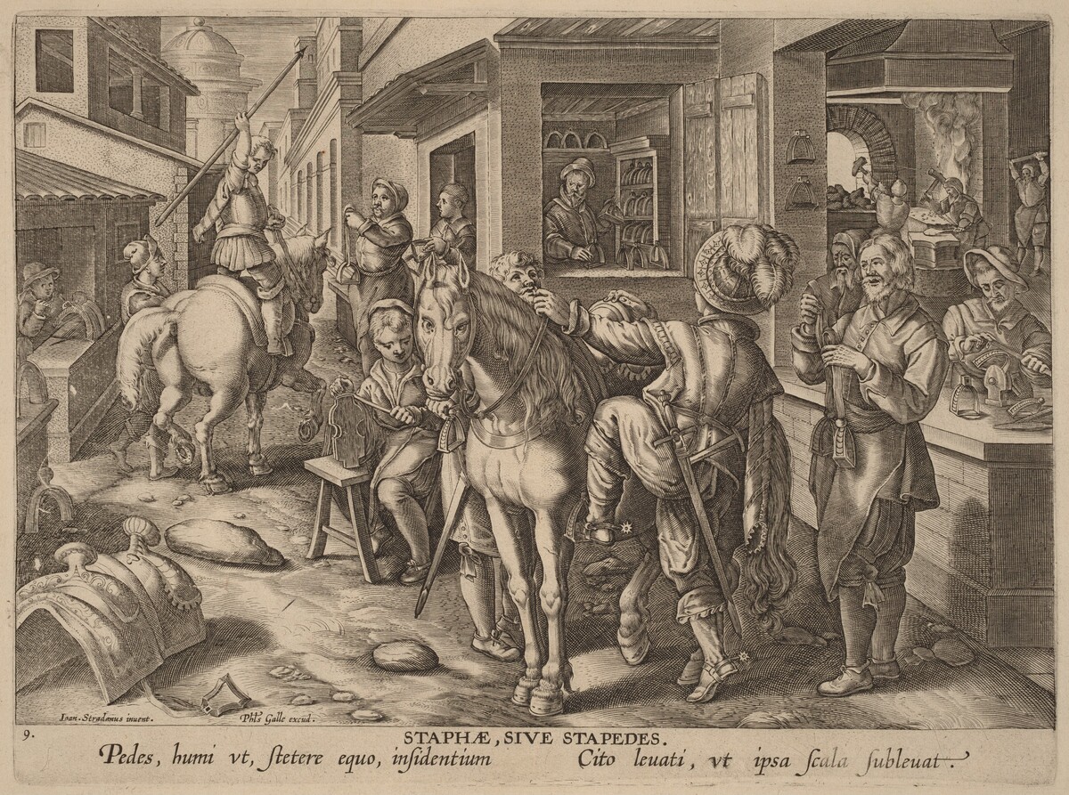 Staphae, Sive Stapedes (Stirrups, or Foot Rests) by Workshop of Philip Galle after Jan van der Straet