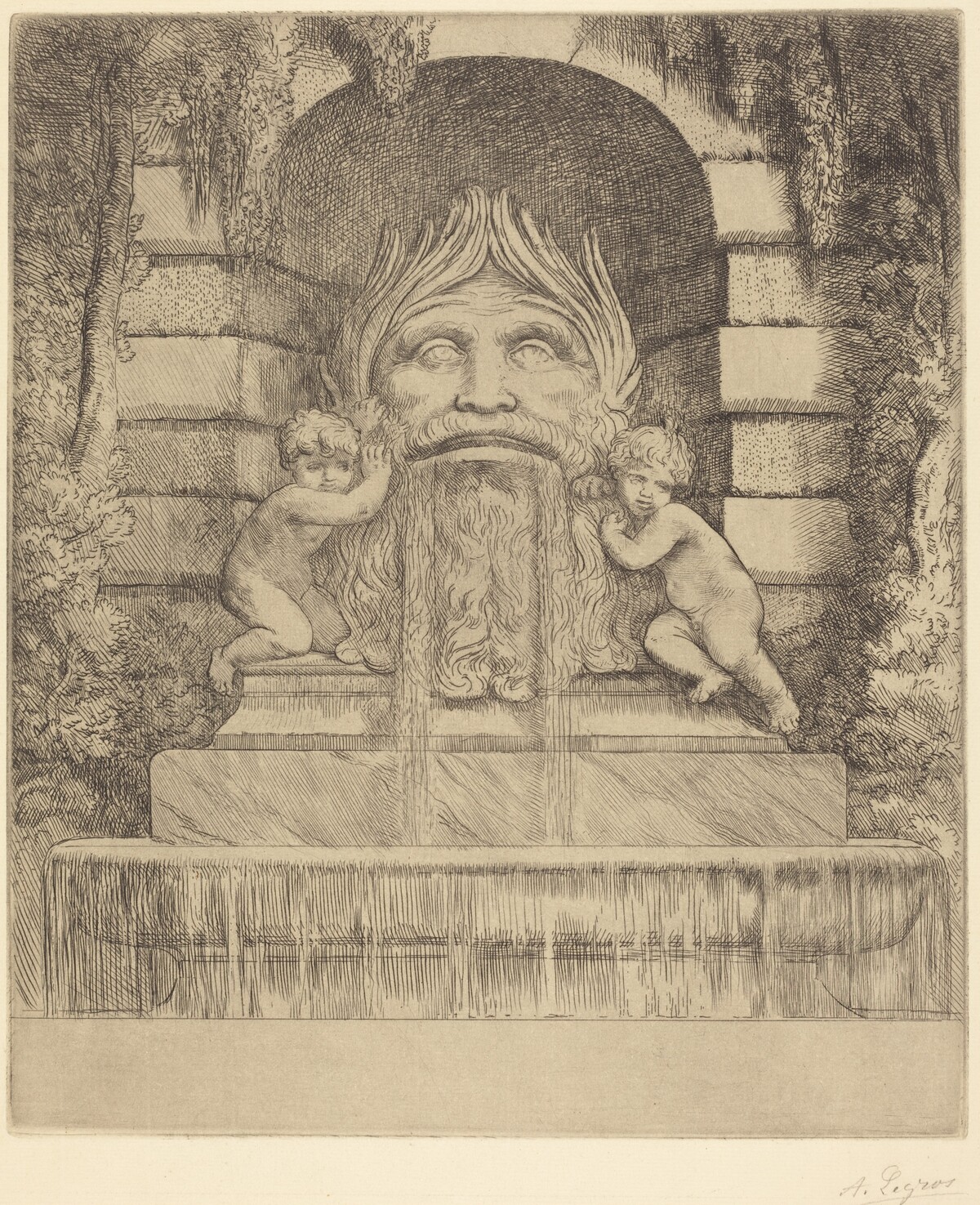 Fountain: Grotesque, Children and Basin (Une fountaine: Masque, enfants et bassin) by Alphonse Legros