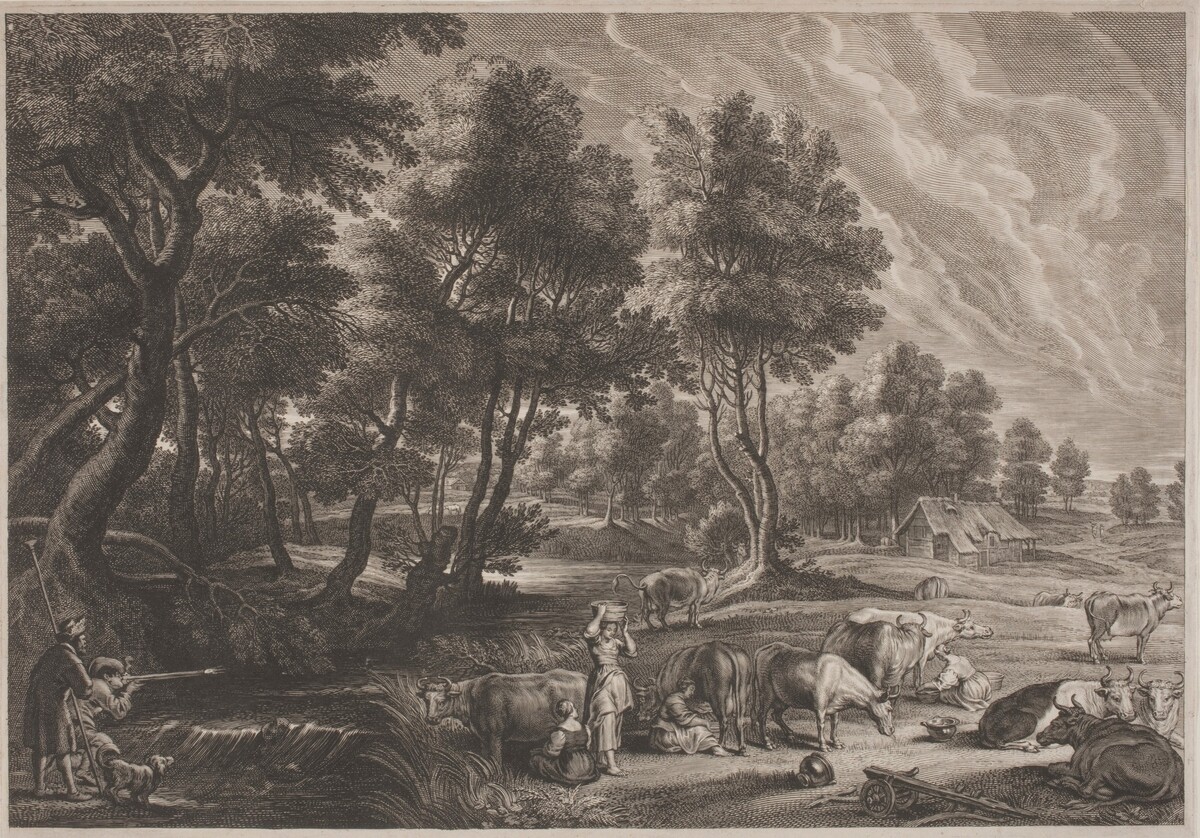 Farm Landscape with Hunters and Milkmaids by Schelte Adams Bolswert, after Sir Peter Paul Rubens