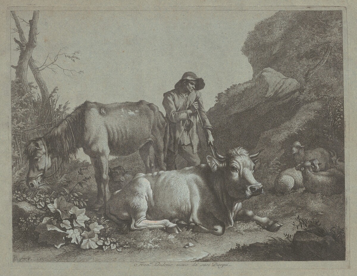 Shepherd Resting on a Walking Stick with an Old Horse and a Reclining Bull by Francesco Londonio