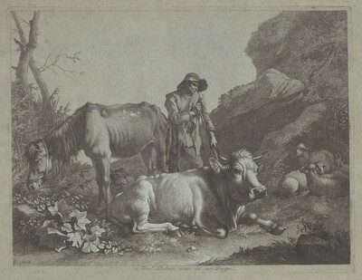 Shepherd Resting on a Walking Stick with an Old Horse and a Reclining Bull