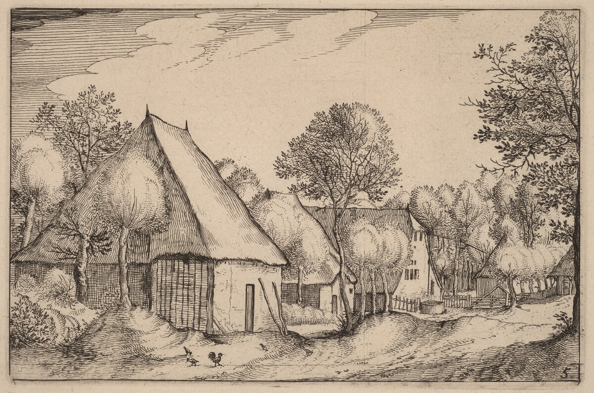 A Farmyard by Claes Jansz Visscher after Johannes van Doetechum, the Elder after Lucas van Doetechum after Master of the Small Landscapes