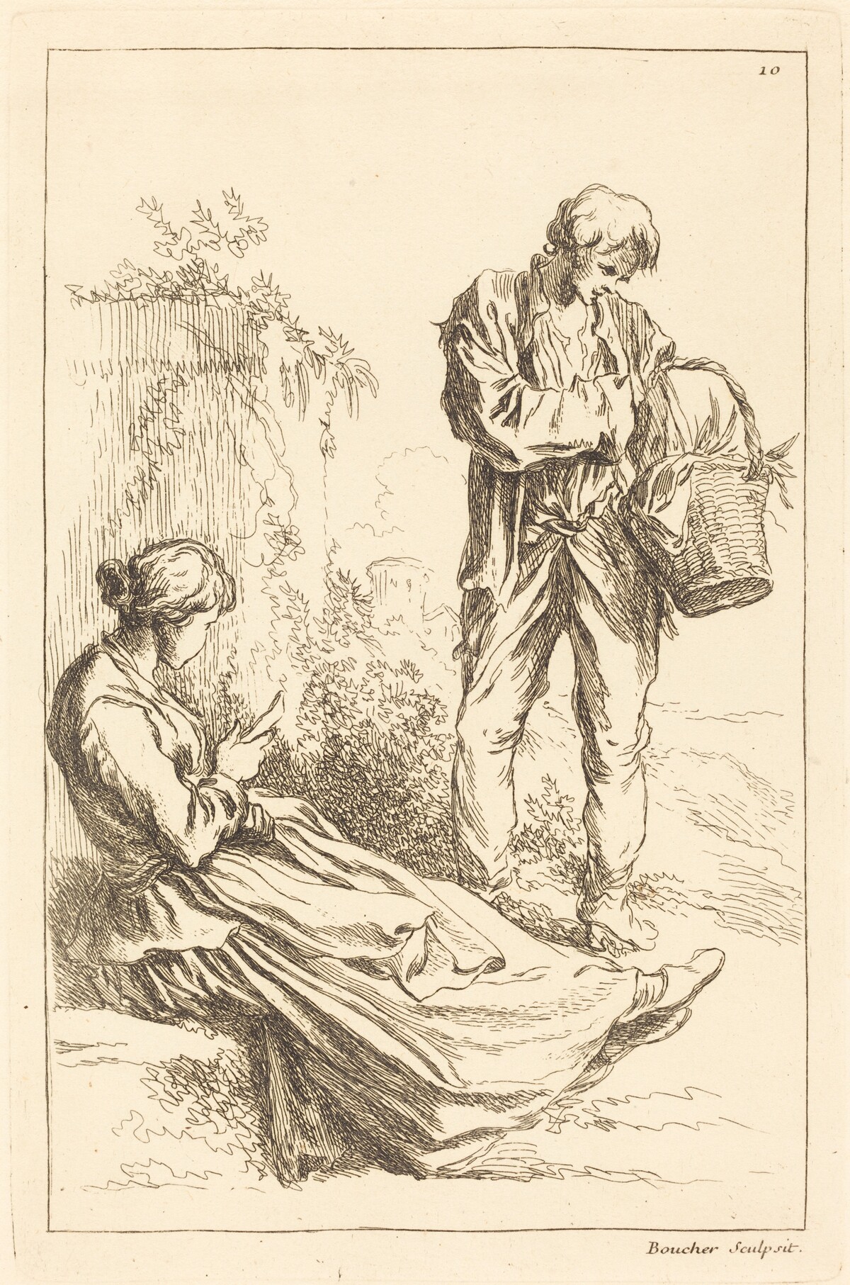 Seated Woman with Peasant Boy Holding a Basket by François Boucher after Abraham Bloemaert