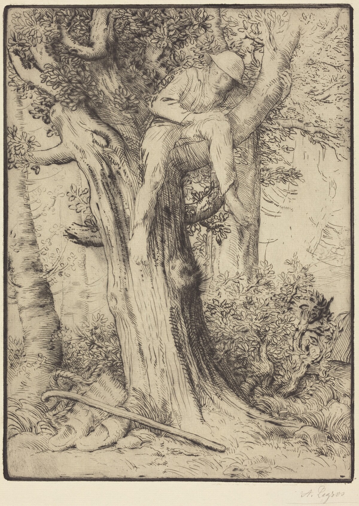 Landscape with a Boy in a Tree (Paysage avec un garcon grimpe sur un arbre, dite "Le denicheur d'oiseaux") by Alphonse Legros