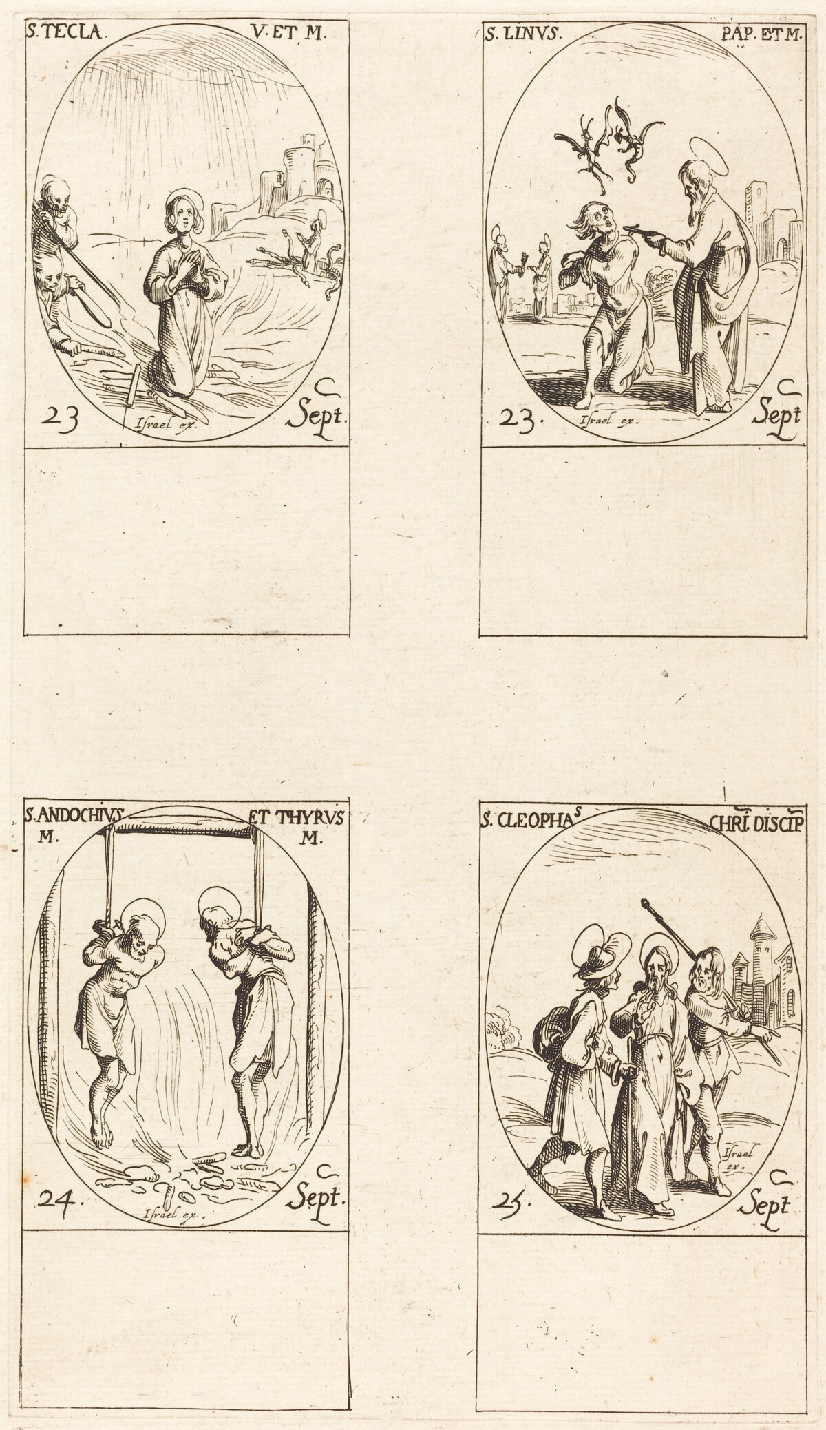 St. Thecla; St. Linus; Sts. Andochius and Thyrsus; St. Cleophas by Jacques Callot