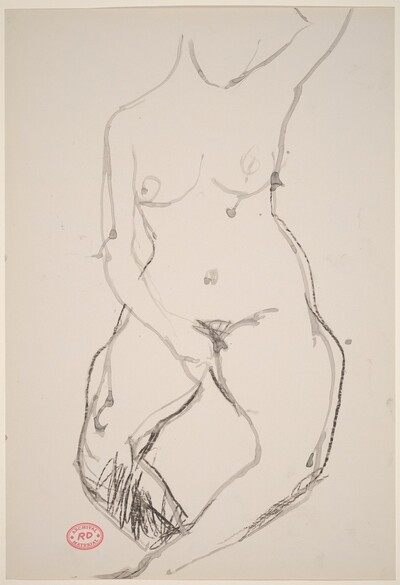 Untitled [female nude with hand in lap and raised left arm]