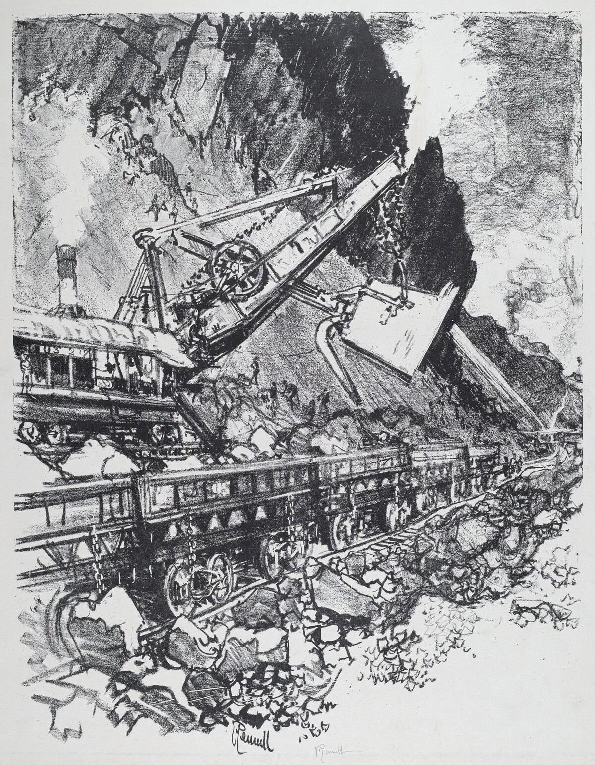 Steam Shovel in the Cut at Bas Obispo by Joseph Pennell