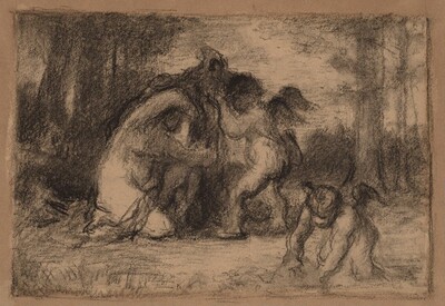 Wooded Landscape with Putti Helping a Woman Undress