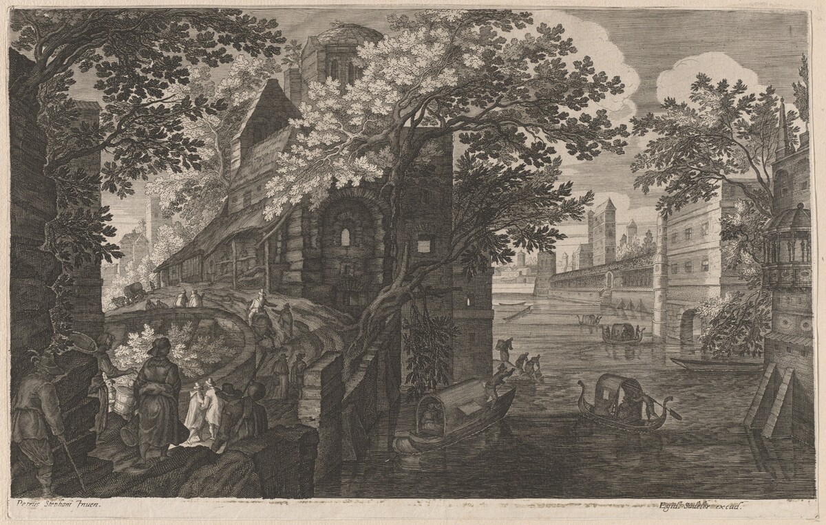 Gondolas on a River by a Palace by Aegidius Sadeler II after Pieter Stevens