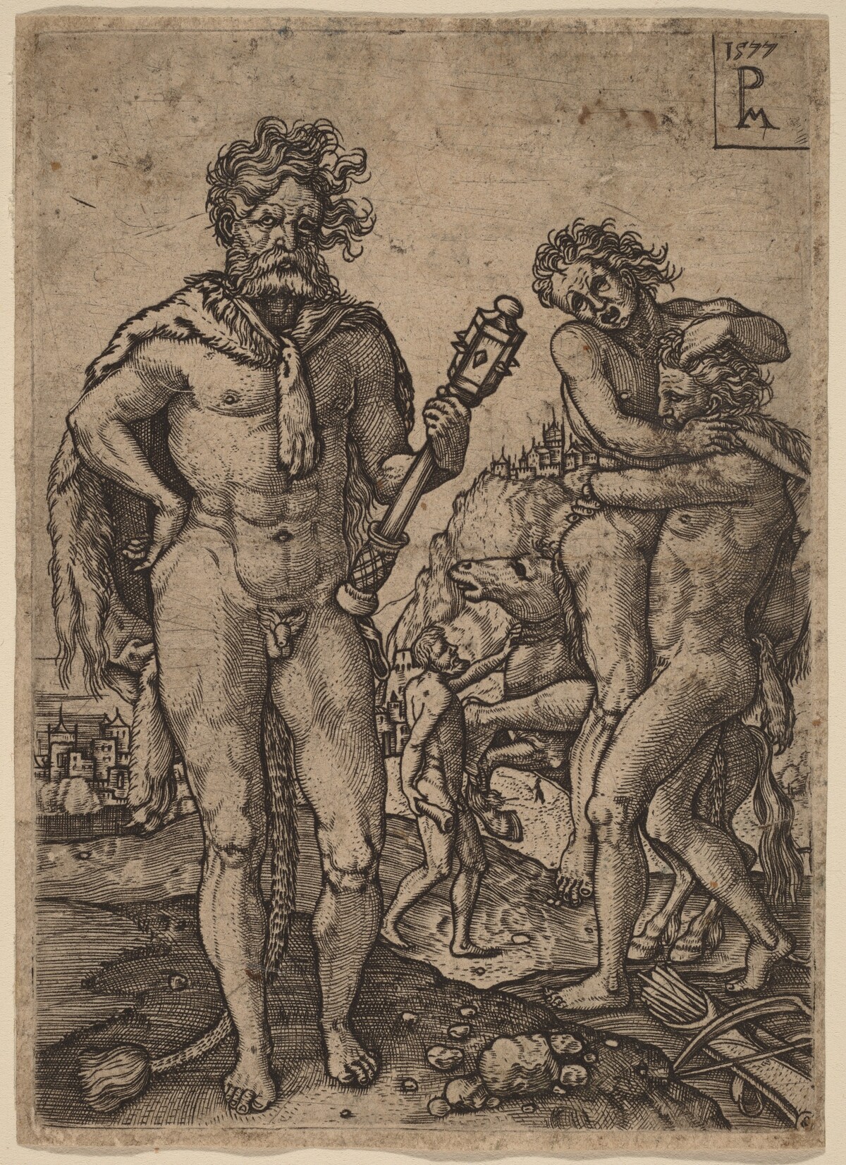 Hercules and Antaeus by Peter Maes after Heinrich Aldegrever