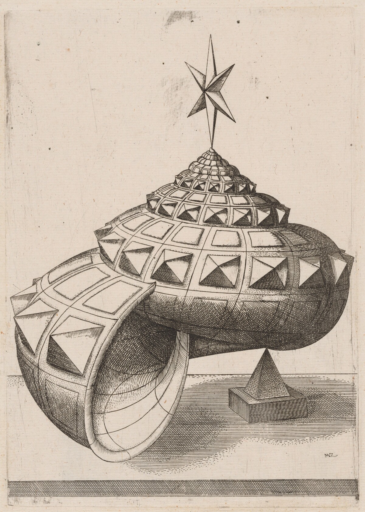 A Perspective of a Faceted Snail Shell Balanced on a Pyramid by Mathis Zündt, after Hans Lencker