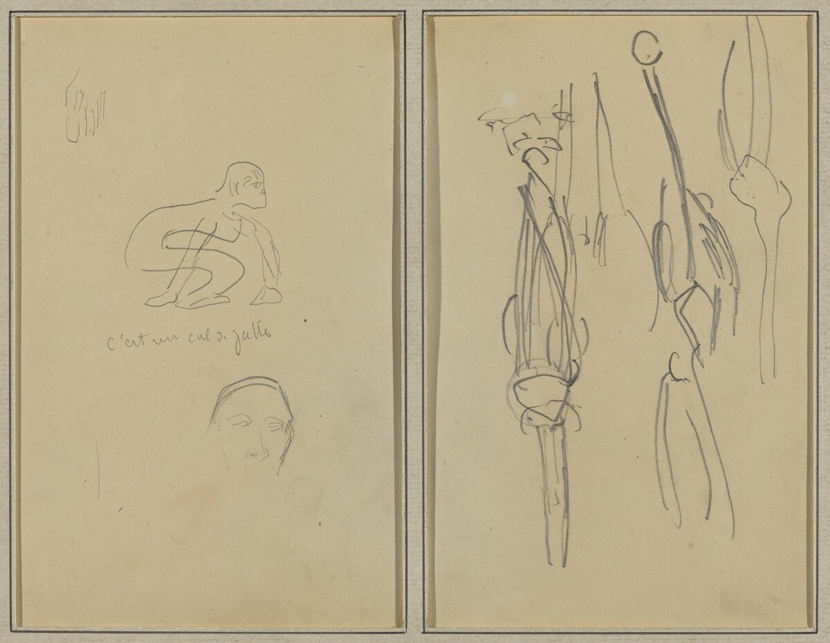 Crouching Monkey and Man's Head; Bones and Muscles [verso] by Paul Gauguin
