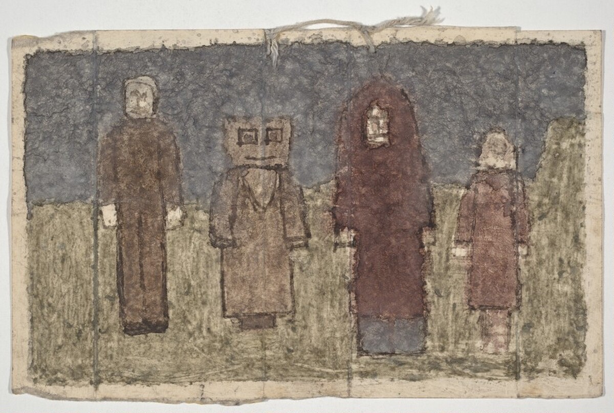 Untitled (Four Standing Figures, One with Square Head) by James Castle