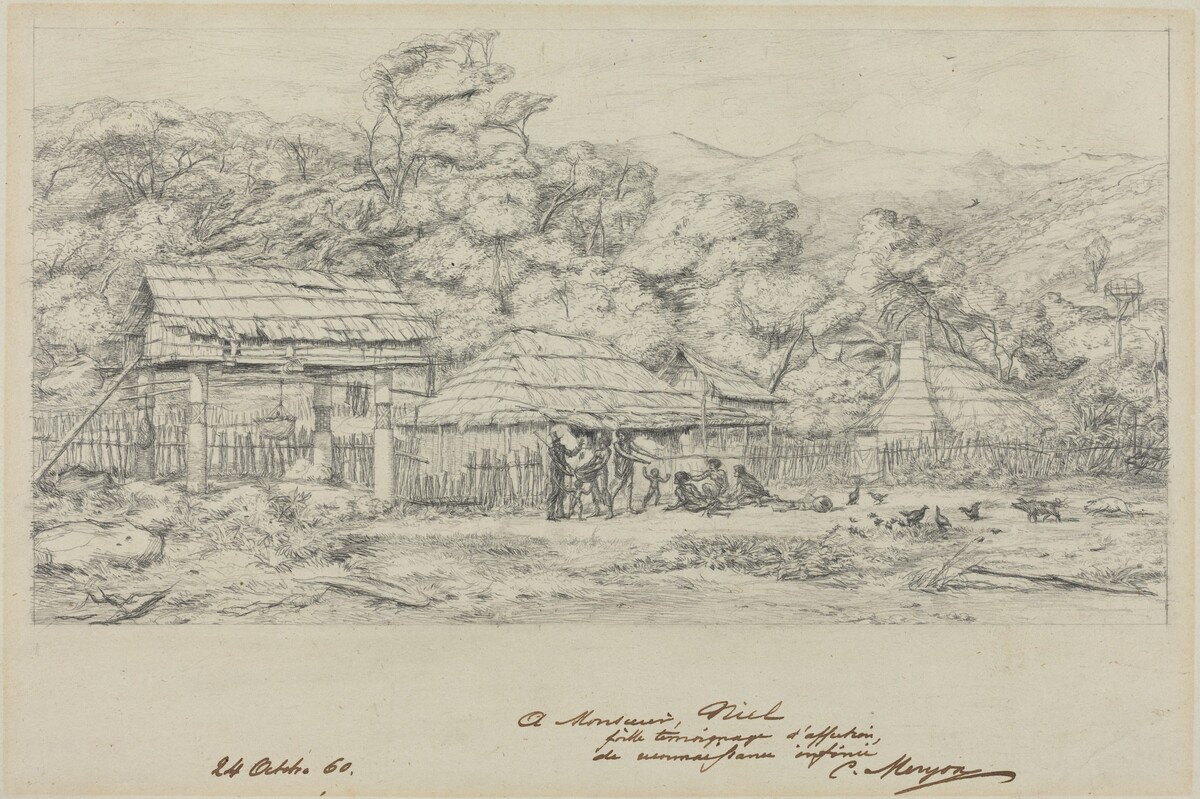 Greniers indigenes et habitations a Akaroa, presqu'Ile de Banks by Charles Meryon