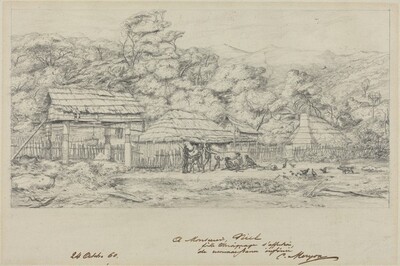 Greniers indigenes et habitations a Akaroa, presqu'Ile de Banks