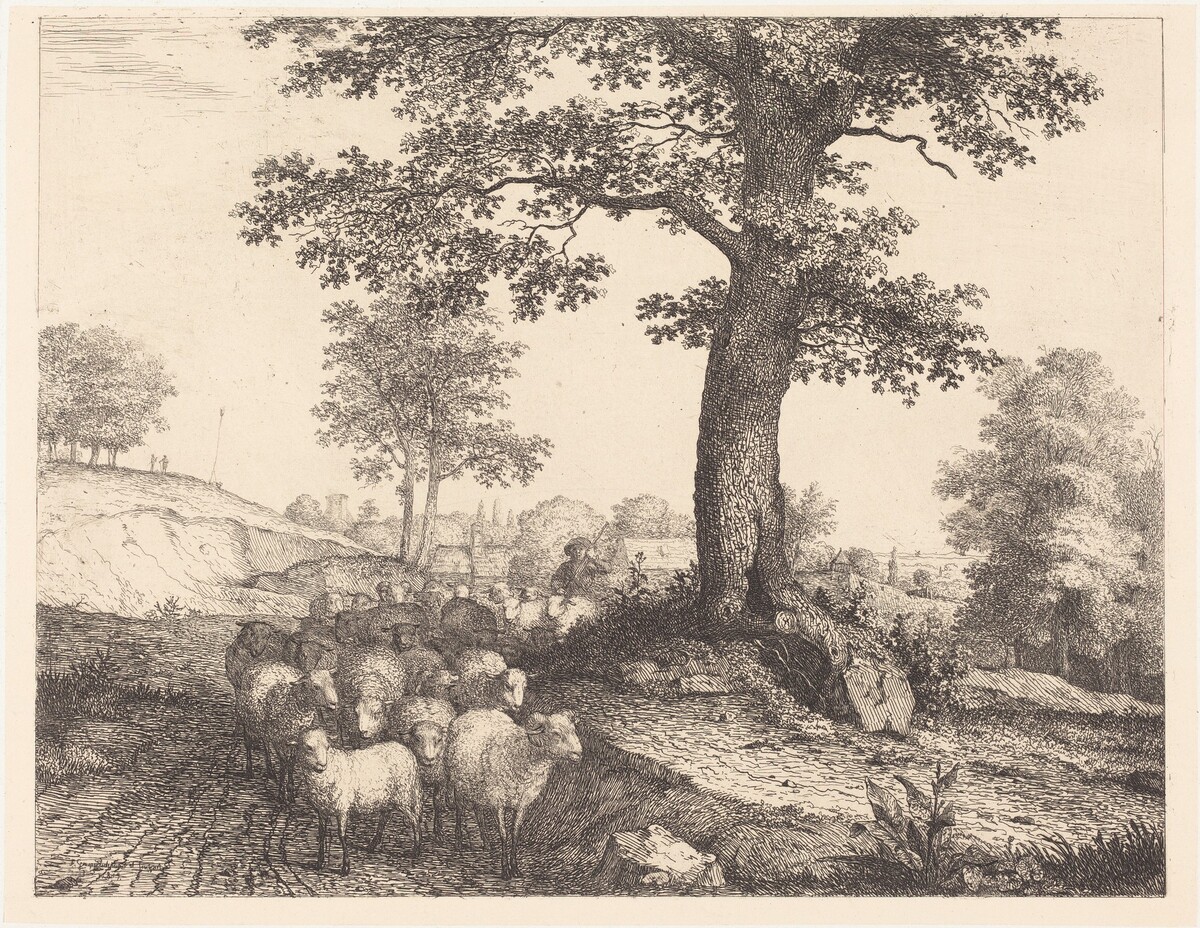Shepherd and Flock under an Ancient Tree by Florian Grospietsch