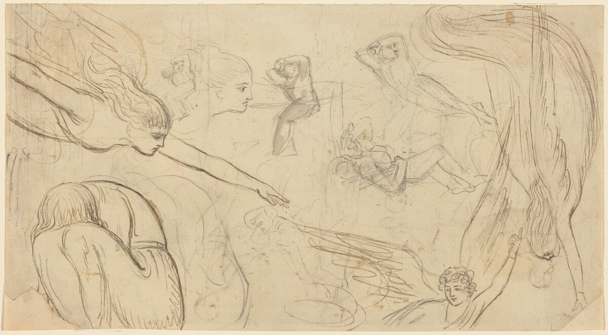 Sheet of Studies with Angels and Cowering Figures (Illustration for Macklin's Bible?) by Thomas Stothard
