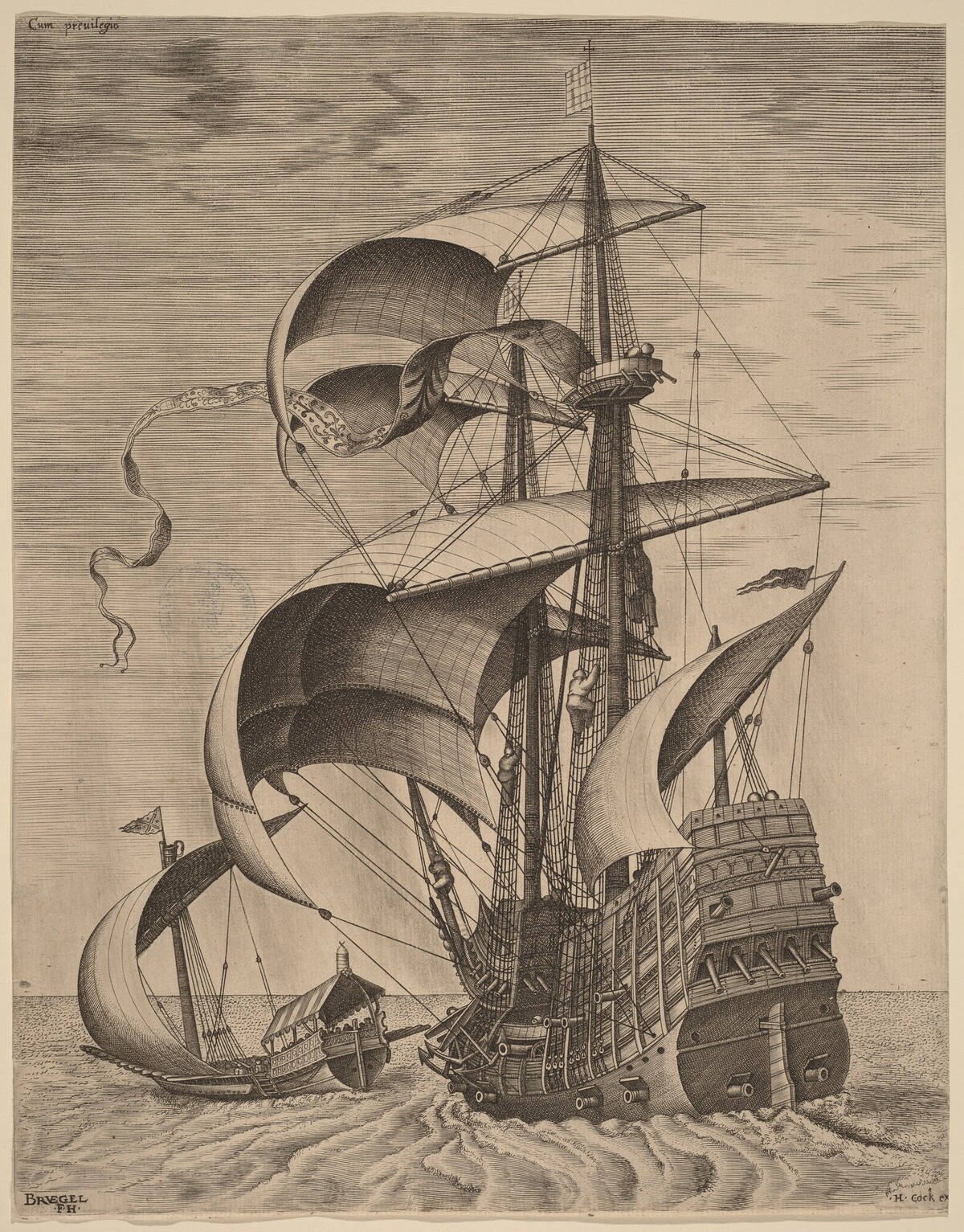 Armed Three-Master on the Open Sea, Accompanied by a Galley by Frans Huys after Pieter Bruegel the Elder
