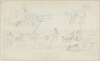 Huntsmen with Hounds and a Crouching Hare [recto]