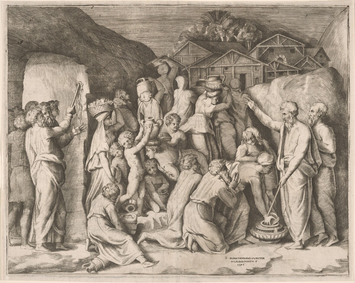 Moses Striking Water from the Rock by Giulio Bonasone, after Polidoro da Caravaggio (formerly after Parmigianino)