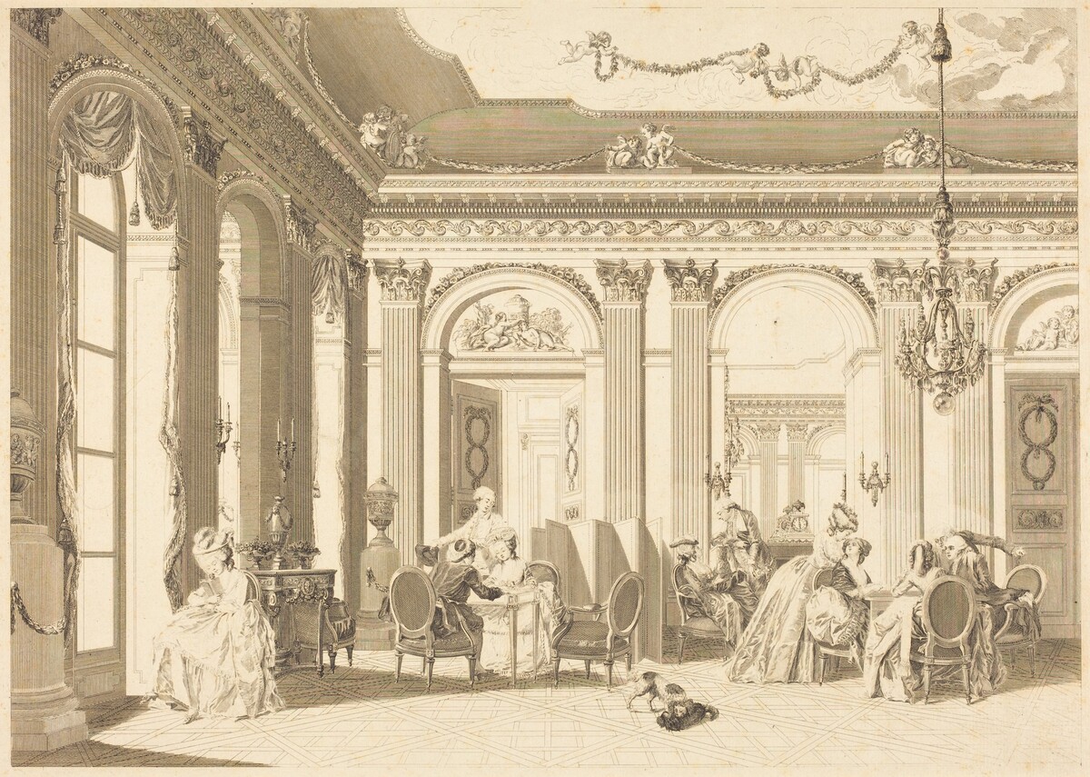 L'assemblee au salon by Francois-Nicolas-Barthelemy Dequevauviller after Nicolas Lavreince