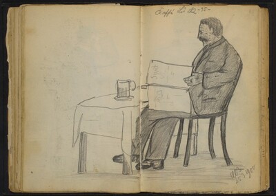 Man Seated at a Table, Reading a Newspaper