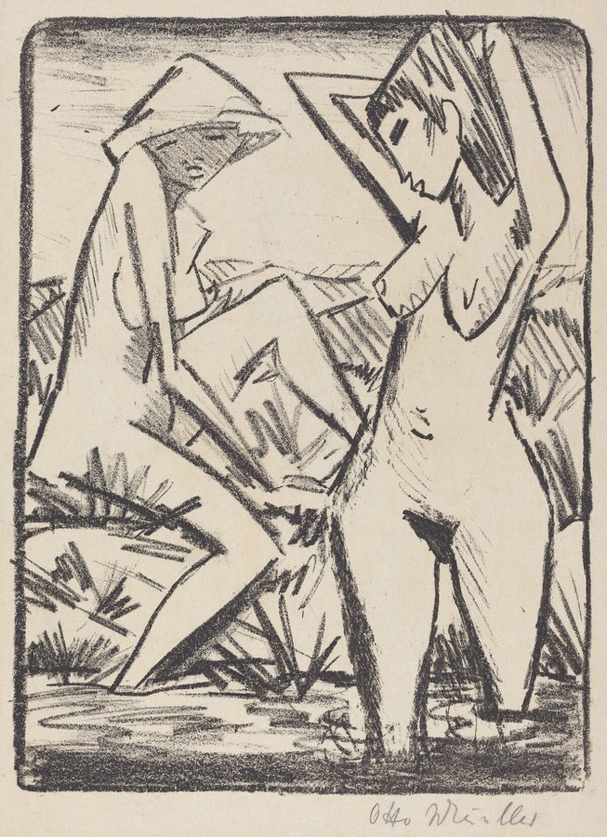 Standing Girl on Water and the Other Sitting on the Shore by Otto Mueller