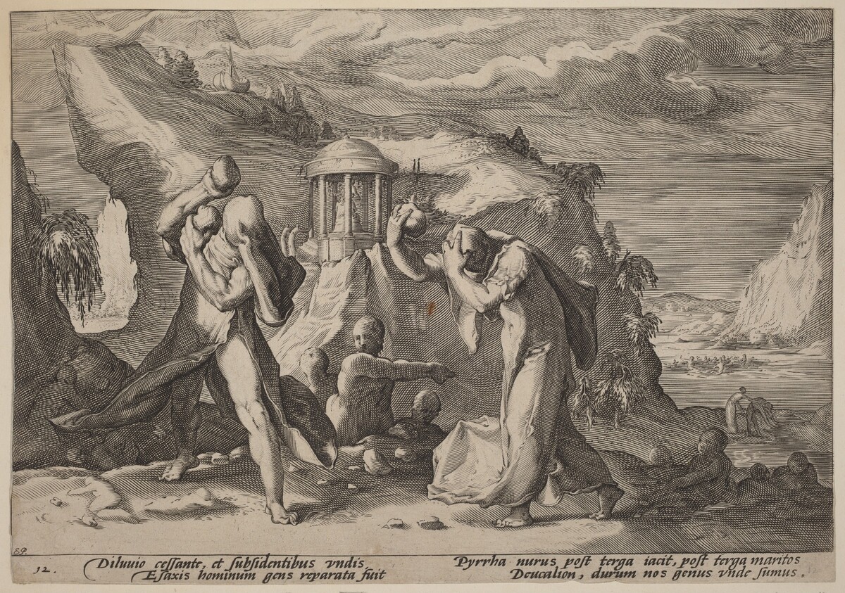Deucalion and Pyrra Repeopling the Earth by Workshop of Hendrick Goltzius, after Hendrick Goltzius