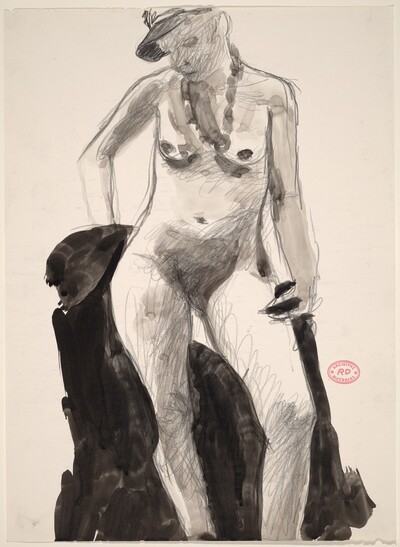 Untitled [standing female nude in cap looking down]