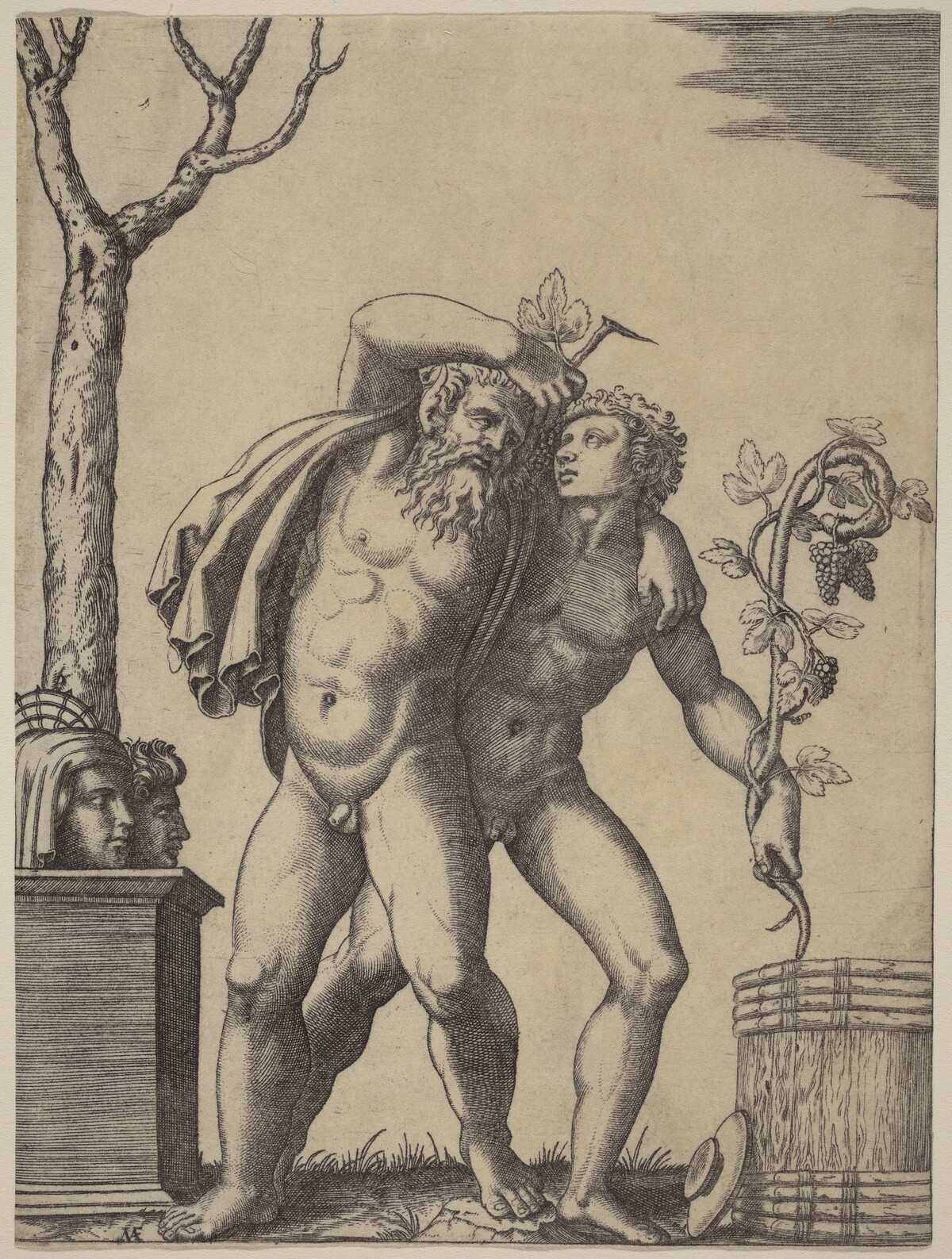 A Young and an Old Bacchant by Marcantonio Raimondi, after Raphael or Giulio Romano
