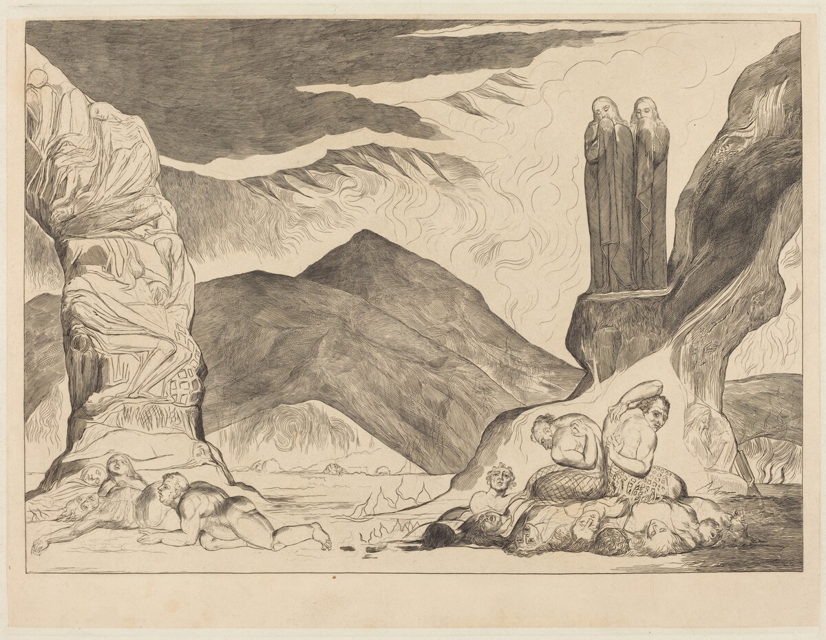 The Circle of the Falsifiers: Dante and Virgil Covering their Noses because of the st by William Blake