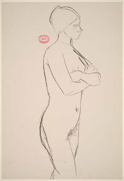 Untitled [side view of standing female nude with arms crossed]