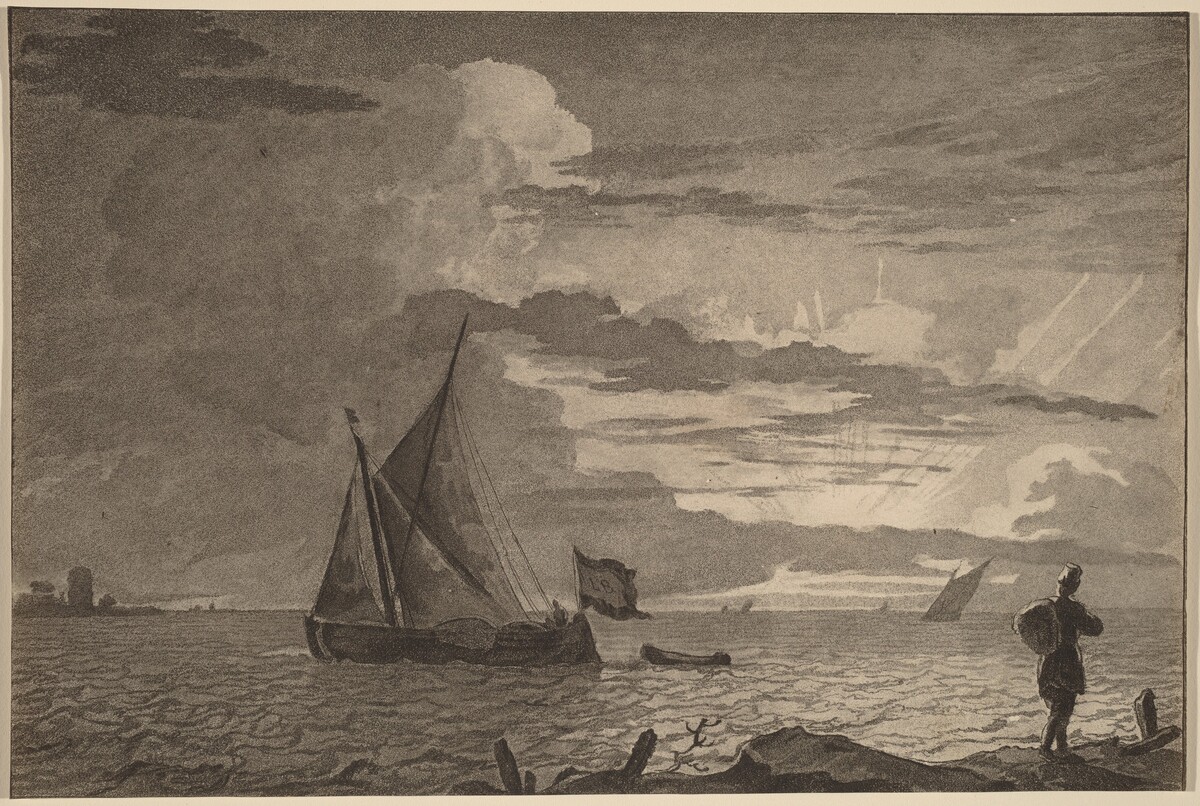 Fisherman with Pack over His Shoulder by Cornelis Ploos van Amstel (editor) and Cornelis Brouwer (printmaker), after Ludolf Backhuysen