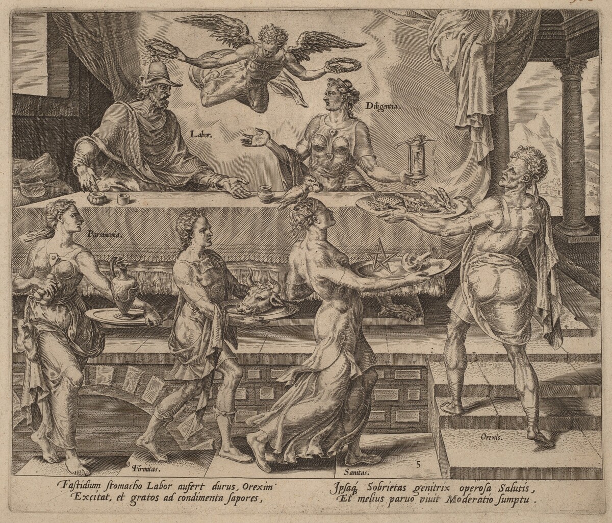 Labor and Diligence Enjoying their Simple Meal by Philip Galle after Maerten van Heemskerck