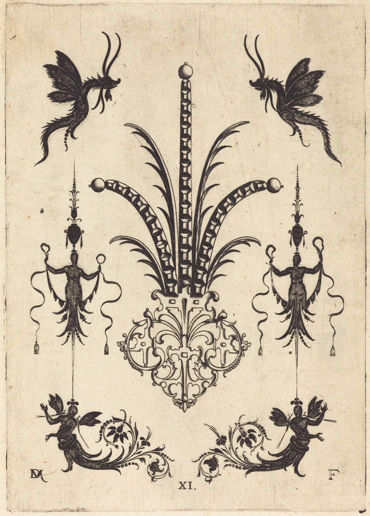 Brooch with Table-Stones, Winged Animals at Top, and Winged Human Beings at Bottom by Daniel Mignot
