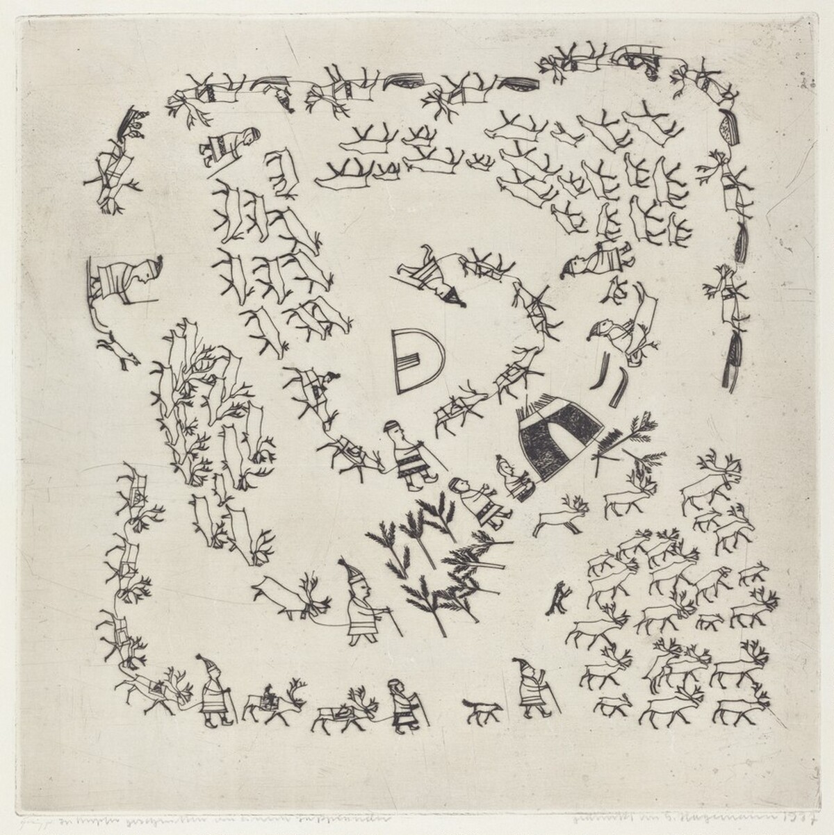 Folk Scene: Several Groups of Reindeer and Eskimos by Gustav Hagemann