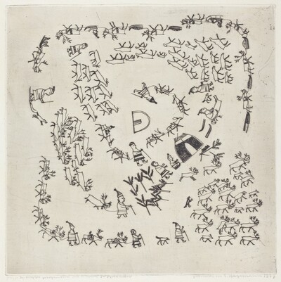 Folk Scene: Several Groups of Reindeer and Eskimos