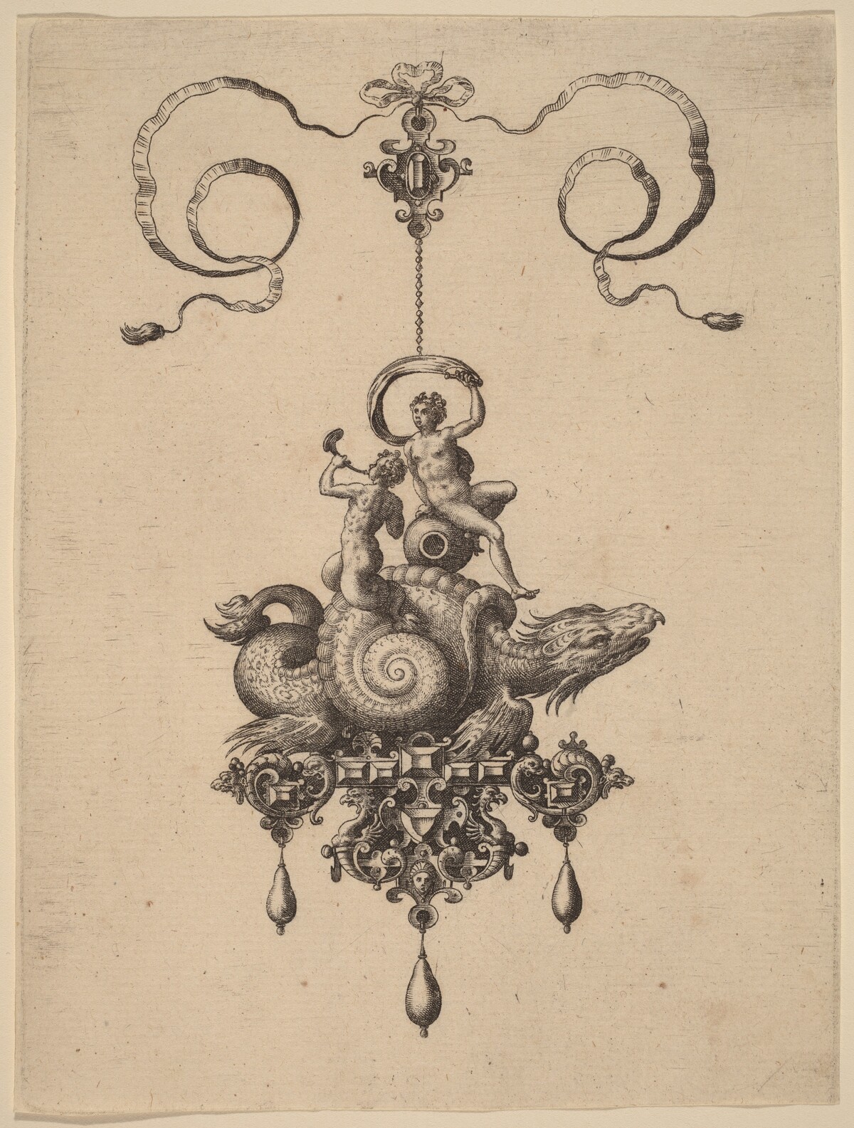 Design for a Pendant with a Sea-Monster in a Shell Carrying a Triton and a Woman with a Sail by Hans Collaert the Elder