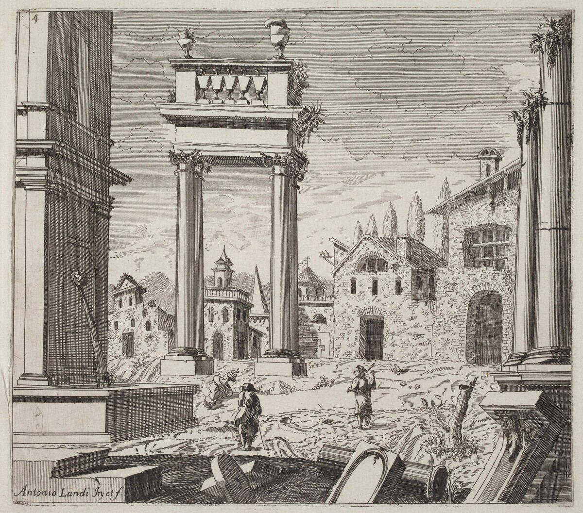 Architectural Fantasy with Classical Ruins and Vernacular Buildings by Giuseppe Antonio Landi