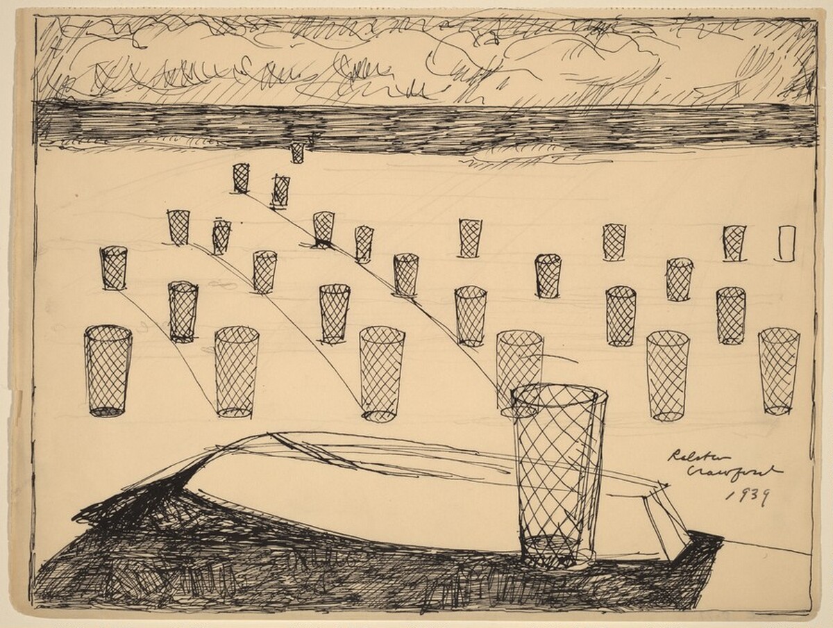 Beach with Trash Cans by Ralston Crawford