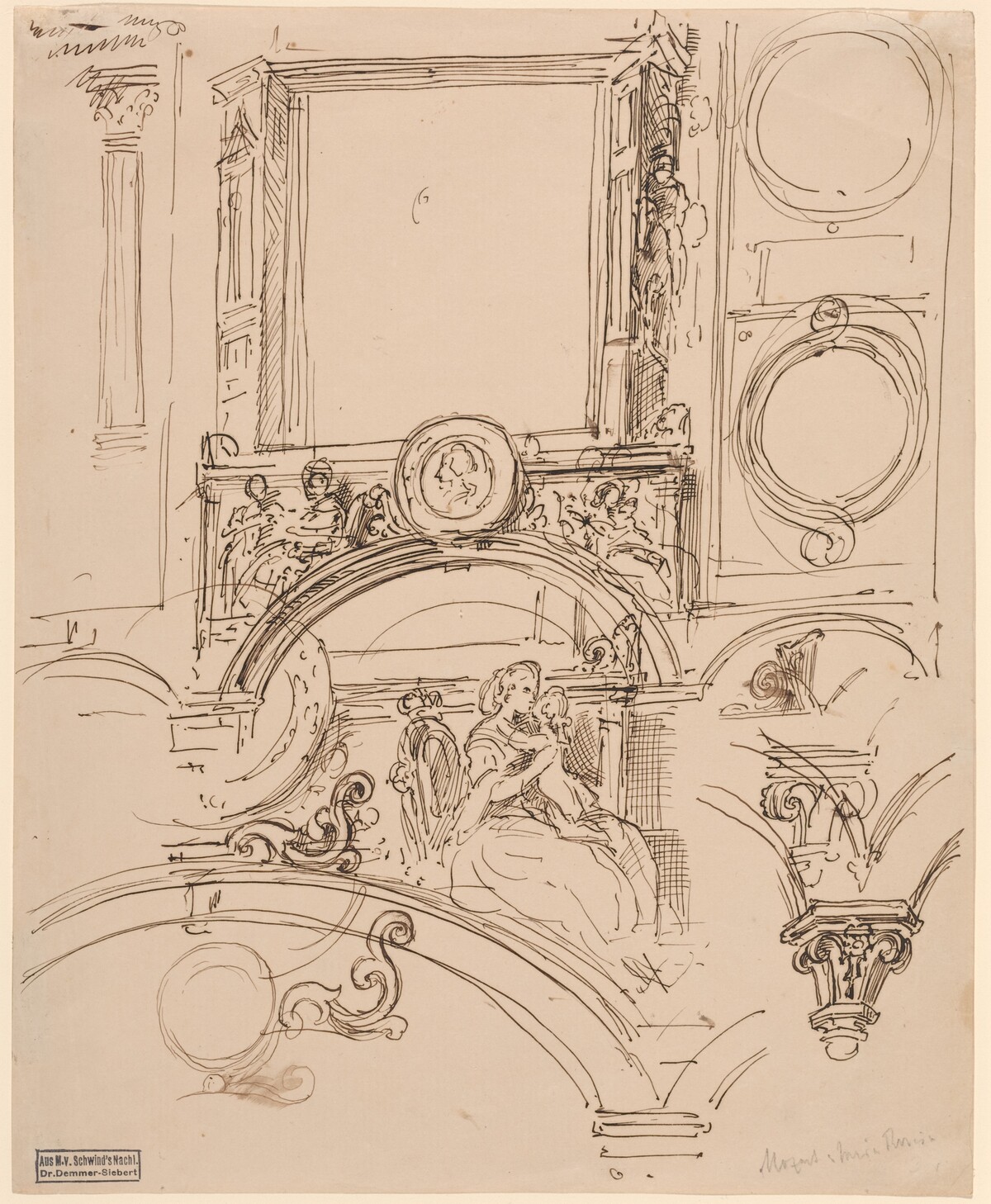Architectural Details for a Wall Decoration with Empress Maria Theresia Embracing the Young Wolfgang Amadeus Mozart by Moritz von Schwind
