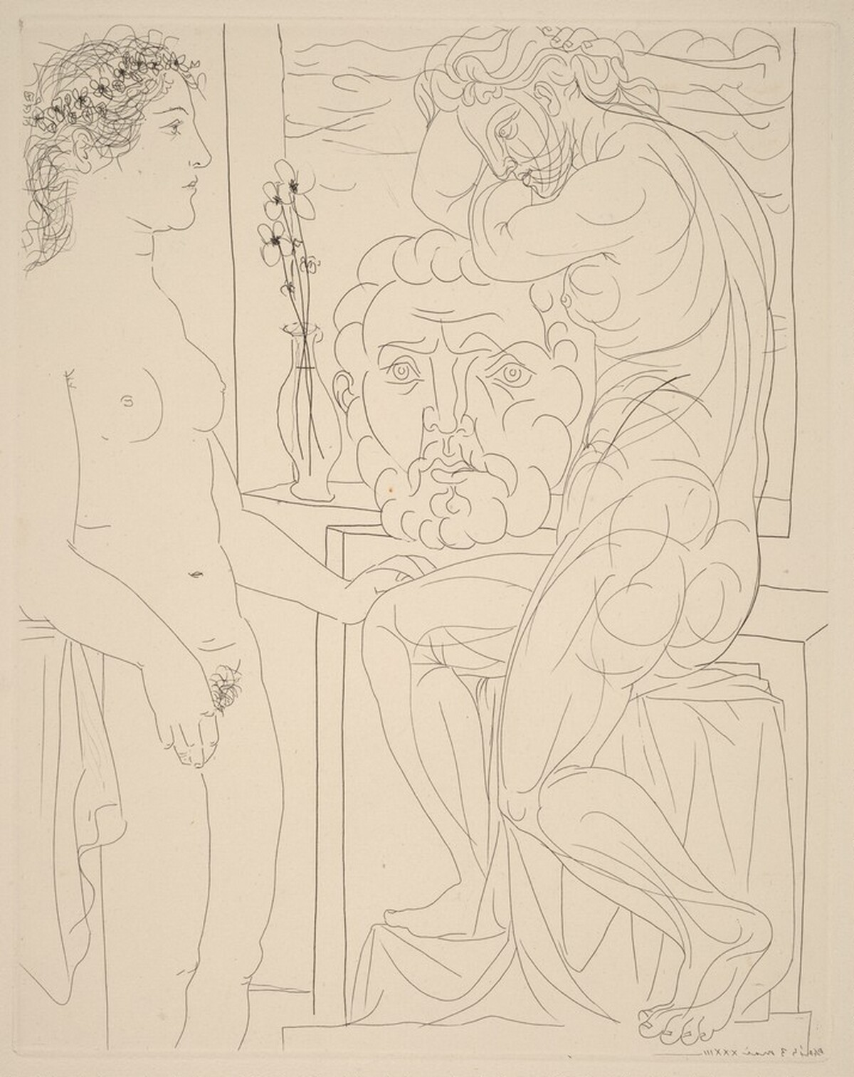 An Unattractive Woman Before the Sculpture of an Athletic Marie-Thérèse Leaning on a Self-Portrait of the Sculptor (Femme laide devant la sculpture d'une Marie-Thérèse athlétique sur un autoportrait du sculpteur) by Pablo Picasso